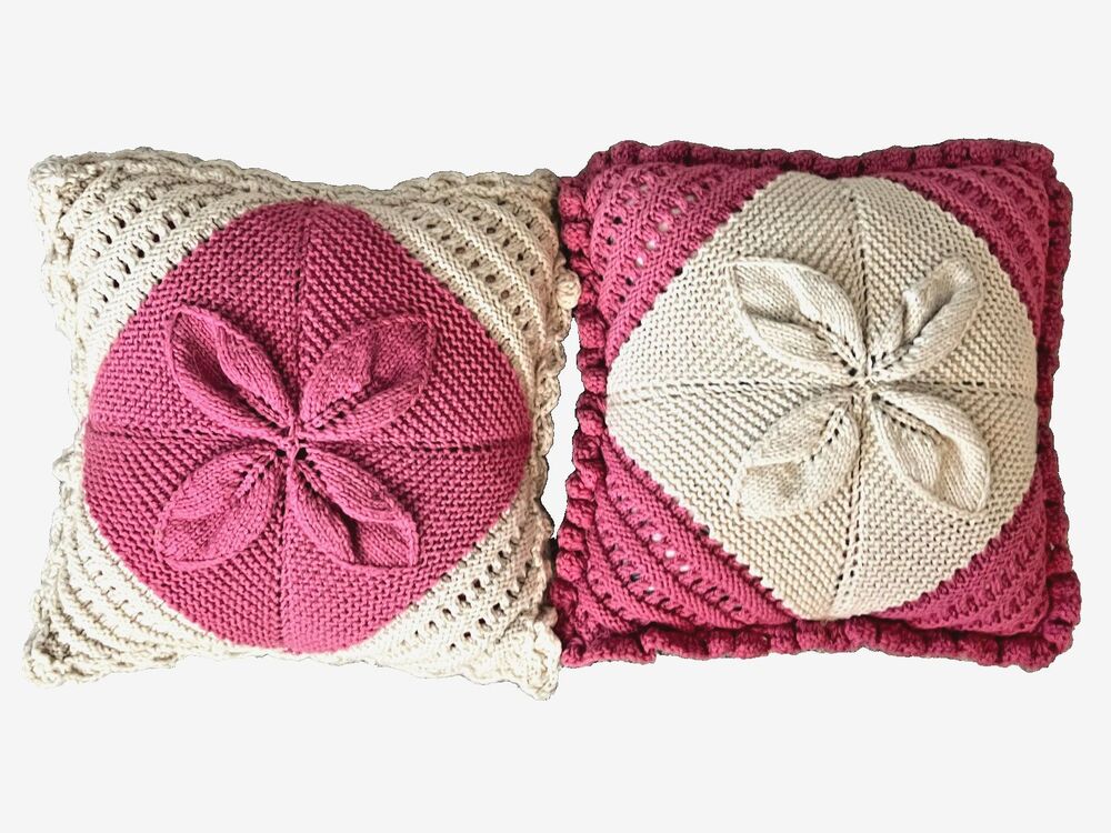 Vtg 2pc Handmade Crochet 14" Throw Pillows Pink Cream Coquette Cottage Twee